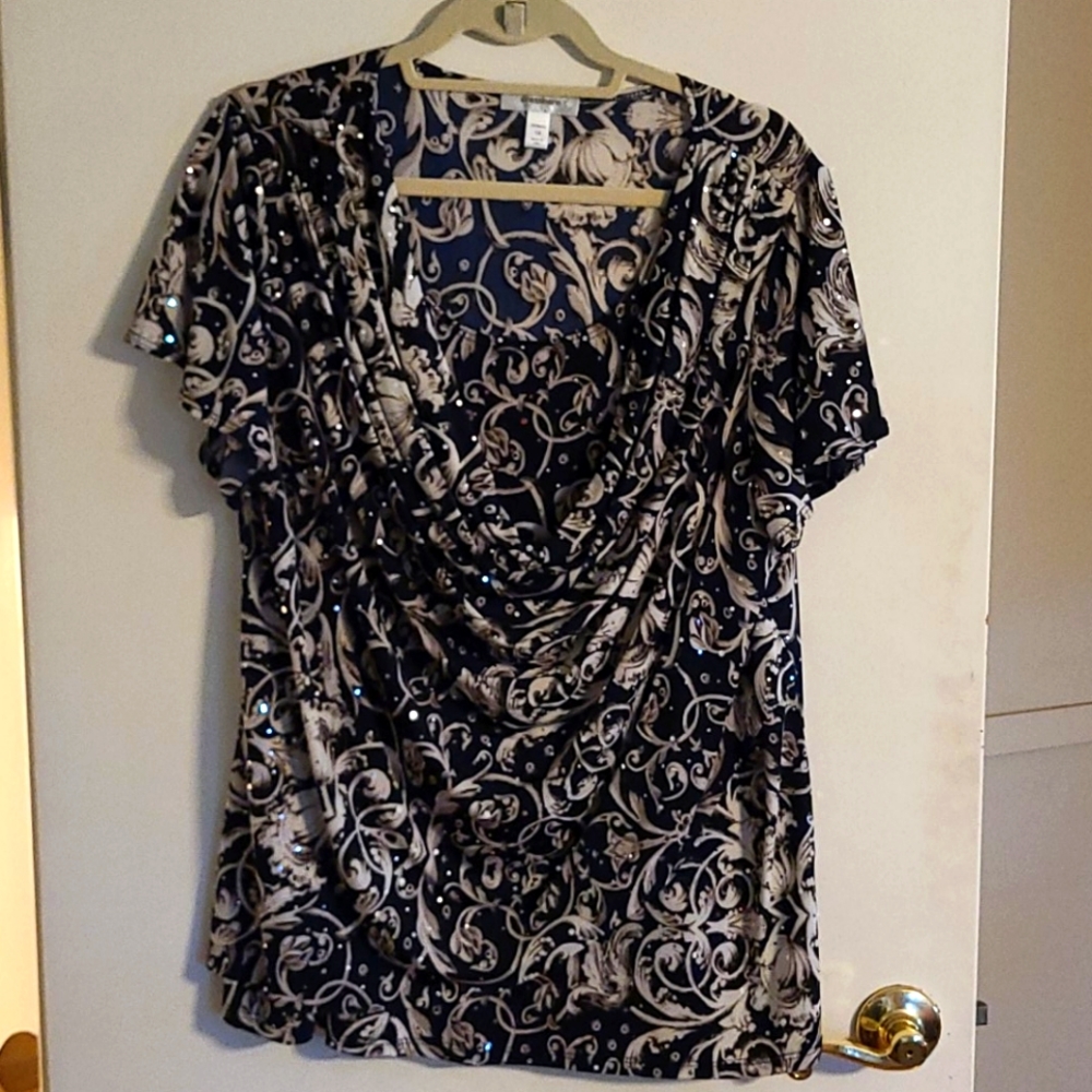 Dressbarn Blue/Cream Sequin 1X Blouse